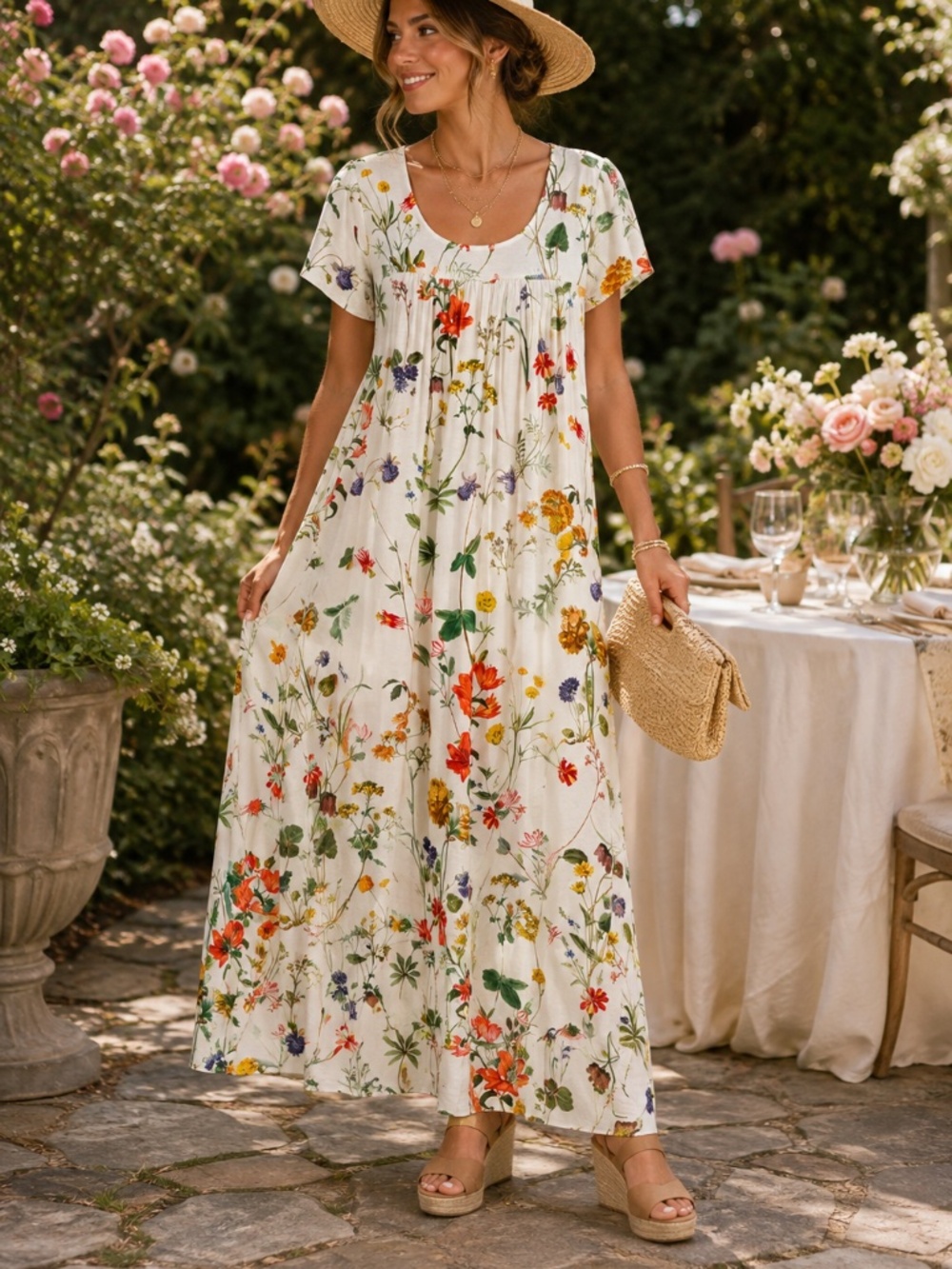NWT Noracora Botanical Floral Maxi Dress Ivory Multicolor